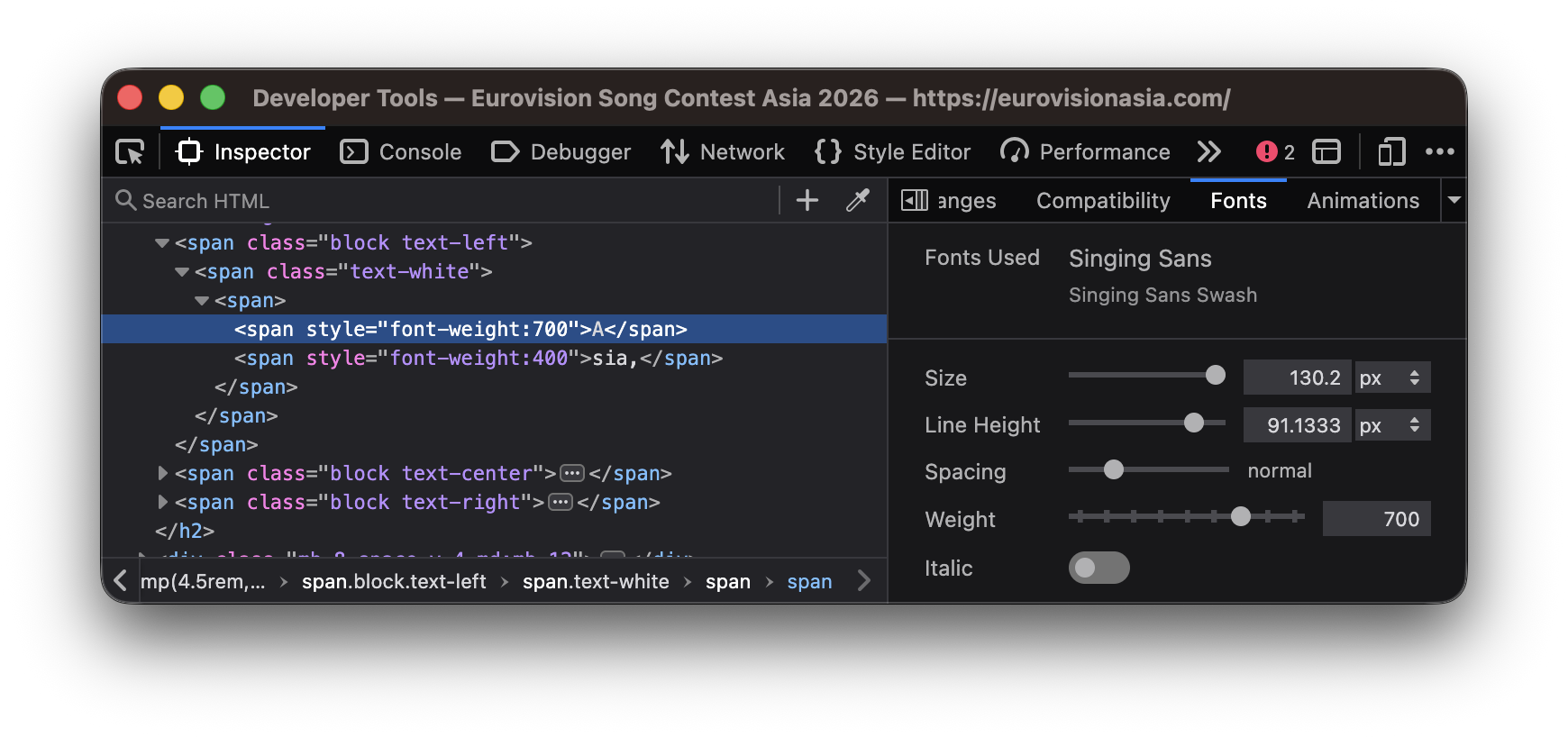 “A” in “Asia,” styled with `font-weight: 700`, effective font used is “Singing Sans Swash.”