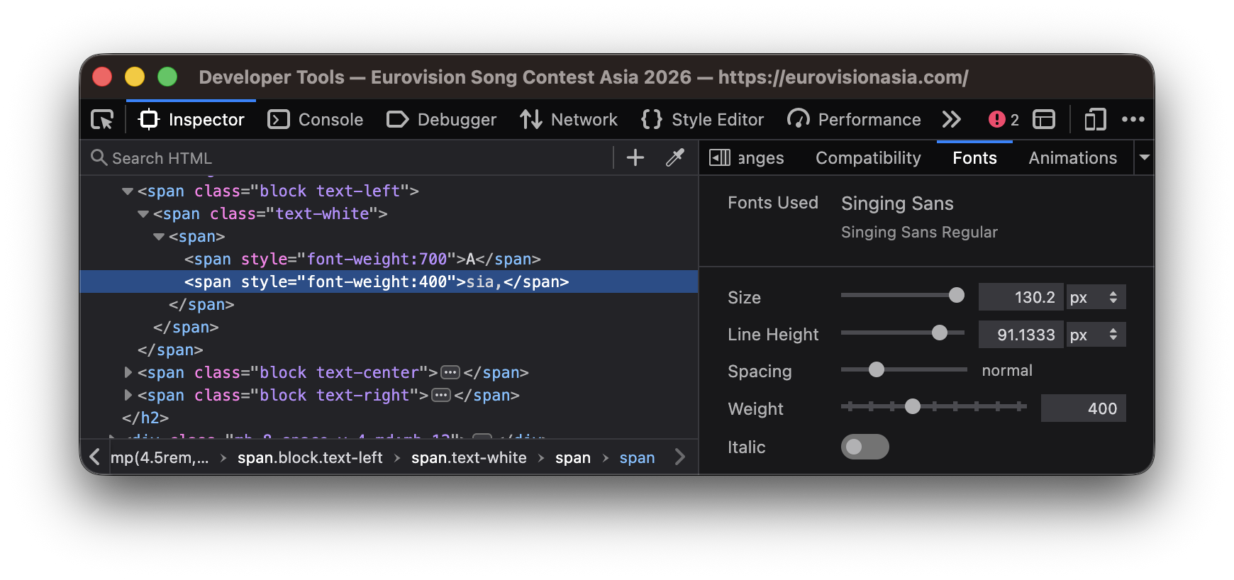 “sia,” in “Asia,” styled with `font-weight: 400`, effective font used is “Singing Sans Regular.”