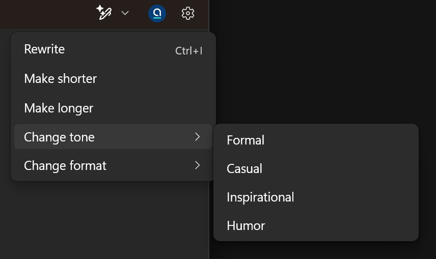 Menu items: Rewrite, Make shorter, Make longer, Change tone, Change format