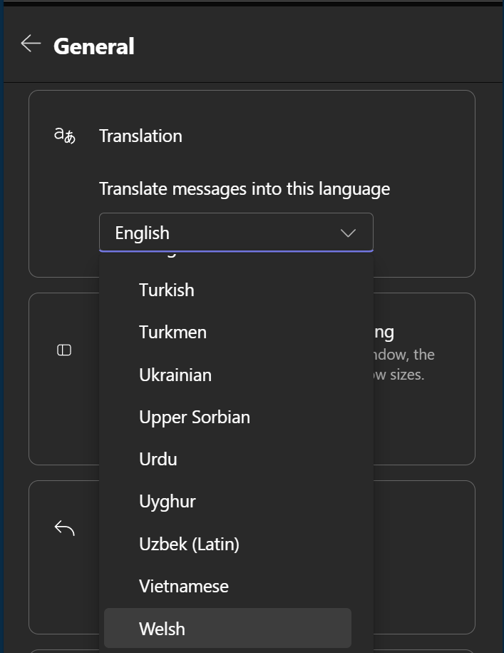 Translation
Translate messages into this language
Dropdown selection: Welsh